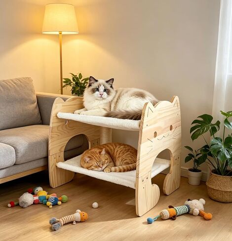 Extra Large 2 Layer Cat Bed, Pine Wooden Bunk Hammock Bed with Soft Breathable Washable Cover, Elevated Pet Bed for Cats Rabbit, 24.5x17.32x20.1 inch in Saudi Arabia