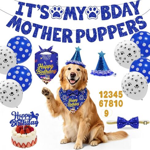 Dog Birthday Decorations, Dog Birthday Party Supplies It’s My Bday Mother Puppers Sign Banner Dog Birthday Bandana Bow Tie Dog Birthday Hat with Numbers for Small Medium Dogs Pets(Blue) in Kuwait