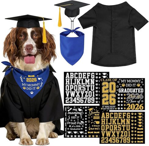 7 PCS Dog Cat Graduation Cap and Gown with Tassels Costume Set Include 2026 Pet Grad Cap and Gown Bandana Puppy DIY Iron-On Letter Stickers for Dogs Cats Holiday Grad Party Dress Costume Accessory in Kuwait