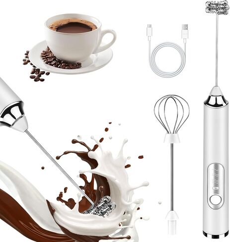 Handheld Milk Frother, rechargeable milk frother with 2 Stainless Steel Whisks 3 Speeds Electric Drink Mixer, Coffee Mixer Wand for Latte, Cappuccino, Matcha, Hot Chocolate, Egg (White) in Kuwait