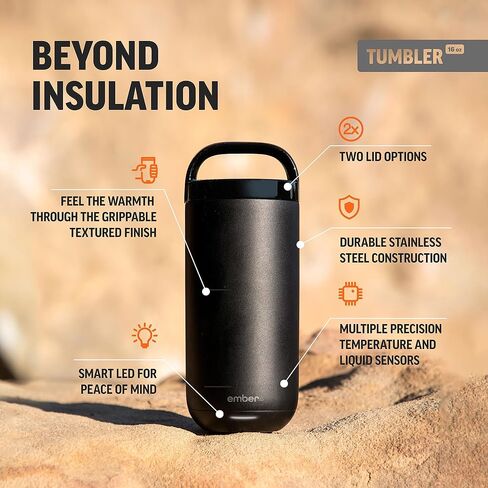 Ember Smart Tumbler - كوب قهوة ساخن يتم التحكم فيه عن طريق التطبيق، كوب من الفولاذ المقاوم للصدأ، أسود 16 أونصة، بطارية تدوم 3 ساعات in Kuwait