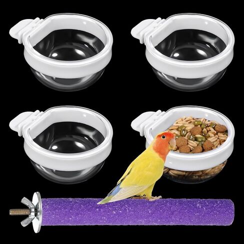 4 Pack Bird Cage Feeder and Water Dispenser with Perch, Clear Water Bowl and Food Container Feeding Drinking Bowl Seed Container Dishes Parrot Feeder Bowls with Clamp Holder in Kuwait