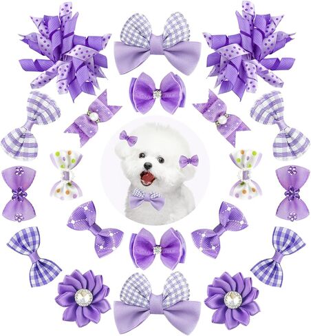 20 Pcs Cute Dog Hair Bows with Elastic Rubber Bands, Small Pet Bowknot with Flower Rhinestone Pearls, Puppy Hair Accessories for Yorkie Maltese Dogs Cats, Purple in Kuwait