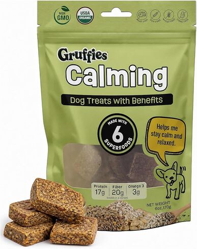 Gruffies Organic Calming Chews for Dogs – Natural Dog Calming Treats with Ashwagandha, Valerian Root & Chamomile, Peanut Butter Flavor, USDA Organic, Non-GMO, 6 oz (Pack of 1) in Kuwait