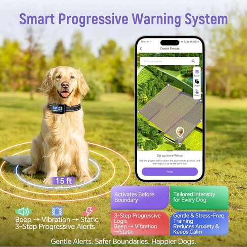 GPS Wireless Dog Fence with Collar & Free App – Custom GPS Boundary, Beep/Vibration/Static Training Modes, IP67 Waterproof, Long Battery Life – Black in Kuwait