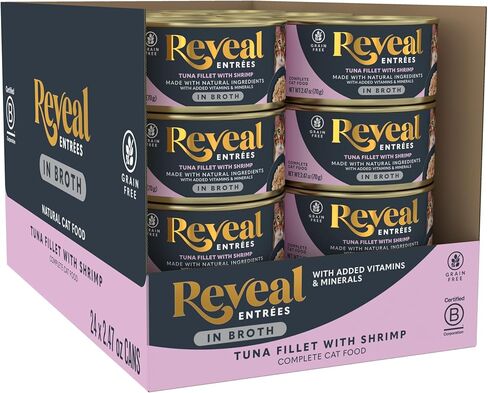 Reveal Entrées Natural Wet Cat Food, Grain-Free with Added Vitamins & Minerals, Carrageenan-Free and High Protein, Variety Selection in Broth (12 x 2.47 oz cans) in Kuwait