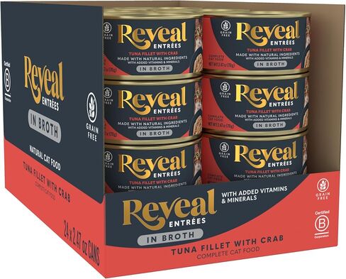 Reveal Entrées Natural Wet Cat Food, Grain-Free with Added Vitamins & Minerals, Carrageenan-Free and High Protein, Variety Selection in Broth (12 x 2.47 oz cans) in Kuwait