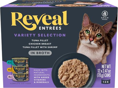 Reveal Entrées Natural Wet Cat Food, Grain-Free with Added Vitamins & Minerals, Carrageenan-Free and High Protein, Variety Selection in Broth (12 x 2.47 oz cans) in Kuwait