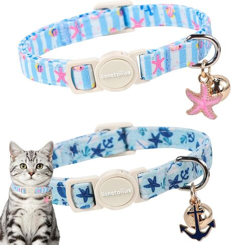 LIONET PAWS 2 Pack Breakaway Summer Cat Collars, Cute Soft Cotton Blue Beach Themed Kitten Collars with Bell for Boy Girl Cats in Saudi Arabia