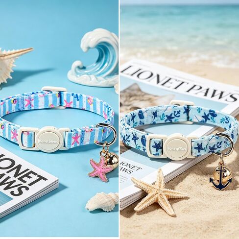 LIONET PAWS 2 Pack Breakaway Summer Cat Collars, Cute Soft Cotton Blue Beach Themed Kitten Collars with Bell for Boy Girl Cats in Saudi Arabia