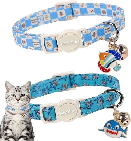 LIONET PAWS 2 Pack Breakaway Summer Cat Collars, Cute Soft Cotton Blue Beach Themed Kitten Collars with Bell for Boy Girl Cats in Saudi Arabia