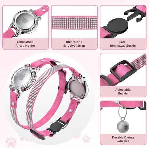 AirTag Cat Collar Breakaway, Rhinestone Microfiber Cat Collars with Air Tag Holder and Bell, Adjustable Comfortable GPS Tracker Cat Collar for Girl Boy, Kittens, Puppies(Pink) in Kuwait