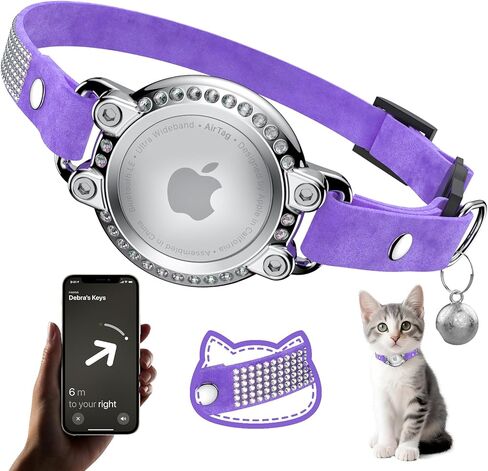 AirTag Cat Collar Breakaway, Rhinestone Microfiber Cat Collars with Air Tag Holder and Bell, Adjustable Comfortable GPS Tracker Cat Collar for Girl Boy, Kittens, Puppies(Pink) in Kuwait