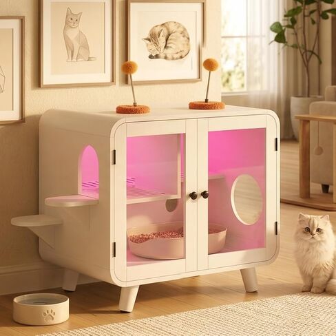 Functional Cat Cabinet with RGB LED Light, Hidden Litter Box Enclosure & Steps, Cat House with Pom-pom Toys for Fun, Washroom Cabinet with Litter Leak Walkway & Glass Doors, Beige in Kuwait