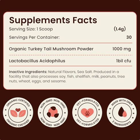 Turkey Tail Mushroom for Dogs – Turkey Tail Mushroom Powder with Probiotics for Immune and Digestive Support, Supports Lumps and Bumps, Bacon Flavored Daily Dog Supplement in Kuwait