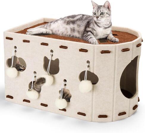 BABORUI Cat House for Indoor Cats, Large Foldable Cat Bed Cave with 5 Fluffy Ball Hanging, Felt Cat Hideaway with 8 Tunnels for Multi Pet Cats Kitten & Adult Play in Kuwait