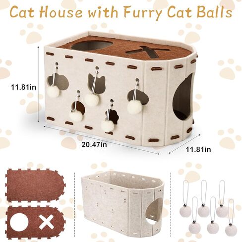 BABORUI Cat House for Indoor Cats, Large Foldable Cat Bed Cave with 5 Fluffy Ball Hanging, Felt Cat Hideaway with 8 Tunnels for Multi Pet Cats Kitten & Adult Play in Kuwait