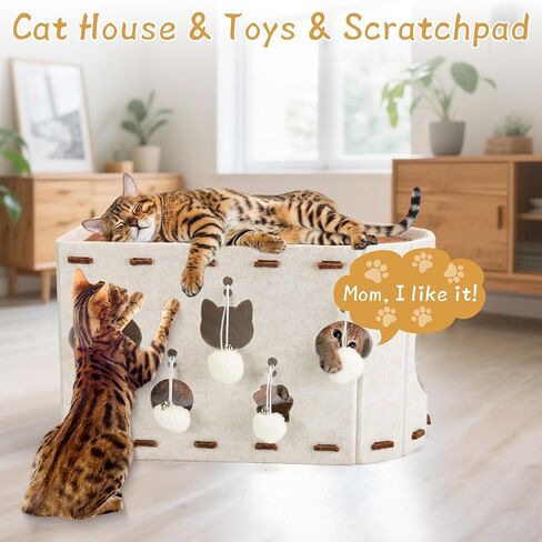 BABORUI Cat House for Indoor Cats, Large Foldable Cat Bed Cave with 5 Fluffy Ball Hanging, Felt Cat Hideaway with 8 Tunnels for Multi Pet Cats Kitten & Adult Play in Kuwait