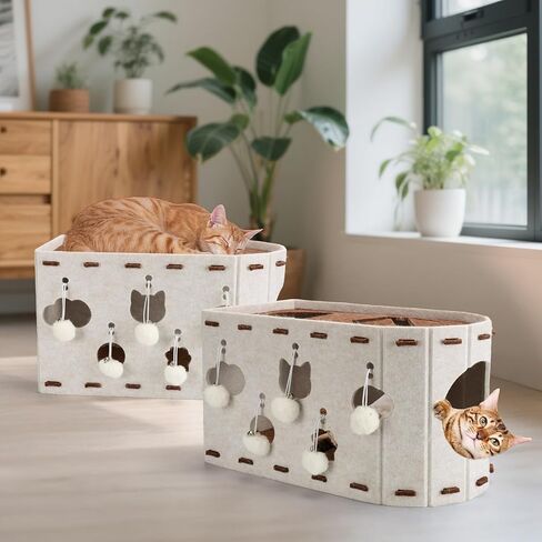 BABORUI Cat House for Indoor Cats, Large Foldable Cat Bed Cave with 5 Fluffy Ball Hanging, Felt Cat Hideaway with 8 Tunnels for Multi Pet Cats Kitten & Adult Play in Kuwait