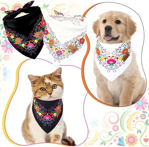 jarThenaAMCS 2PCS الكلب المكسيكي باندانا مثلث الحيوانات الأليفة وشاح Cinco De Mayo Fiesta أسود أبيض الأزهار قابل للتعديل الحيوانات الأليفة منديل لمتوسط ​​كبير الكلب القط كرنفال زي الملحقات in Kuwait