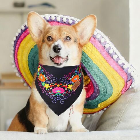 jarThenaAMCS 2PCS الكلب المكسيكي باندانا مثلث الحيوانات الأليفة وشاح Cinco De Mayo Fiesta أسود أبيض الأزهار قابل للتعديل الحيوانات الأليفة منديل لمتوسط ​​كبير الكلب القط كرنفال زي الملحقات in Kuwait