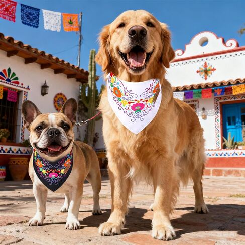jarThenaAMCS 2PCS الكلب المكسيكي باندانا مثلث الحيوانات الأليفة وشاح Cinco De Mayo Fiesta أسود أبيض الأزهار قابل للتعديل الحيوانات الأليفة منديل لمتوسط ​​كبير الكلب القط كرنفال زي الملحقات in Kuwait