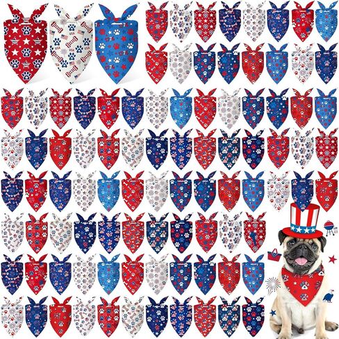 100 Pcs Patriotic Paw Print Dog Bandanas Bulk 4th of July Bandanas for Dogs Triangle Kerchief Bib Scarf for Pet Independence Day 250th Anniversary Party Costume, 25 Styles (25.6 x 17.7 x 17.7) in Kuwait