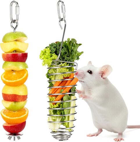 2Pcs Rat Enrichment Toys Stainless Steel Bird Food Holder Hanging Rodent Toys Slow Feeder Fancy Mice Cage Accessories Puzzle Toy for Hamster Rodents Bird Parrots Fruit Vegetable Holder in Kuwait