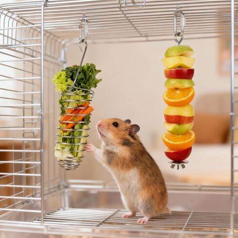 2Pcs Rat Enrichment Toys Stainless Steel Bird Food Holder Hanging Rodent Toys Slow Feeder Fancy Mice Cage Accessories Puzzle Toy for Hamster Rodents Bird Parrots Fruit Vegetable Holder in Kuwait