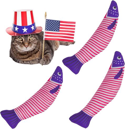 Catnip Fish Toys – Stars and Stripes Plush Cat Toys for Indoor Cats, Independence Day Themed Kicker Toy for Cats and Kittens, 4th of July Cat Gifts, 3-Pack in Kuwait