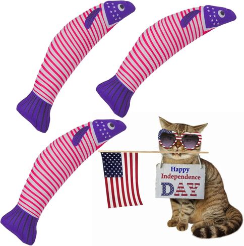 Catnip Fish Toys – Stars and Stripes Plush Cat Toys for Indoor Cats, Independence Day Themed Kicker Toy for Cats and Kittens, 4th of July Cat Gifts, 3-Pack in Kuwait