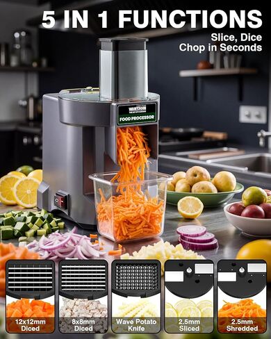 WantJoin 5 in 1 Electric Vegetable Chopper - Multifunctional Commercial Food Processor with Stainless Steel Blades for Slicing(2.5mm), Dicing(8/12mm), Chopping(2.5mm), Shredding in Kuwait