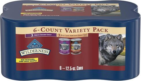 Blue Buffalo Wilderness Beef and Chicken Grill and Wolf Creek Stew Hearty Beef in Gravy Adult Dog Wet Food, 12.5 oz. Cans, 6 Count Variety Pack in Kuwait