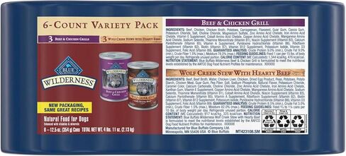 Blue Buffalo Wilderness Beef and Chicken Grill and Wolf Creek Stew Hearty Beef in Gravy Adult Dog Wet Food, 12.5 oz. Cans, 6 Count Variety Pack in Kuwait