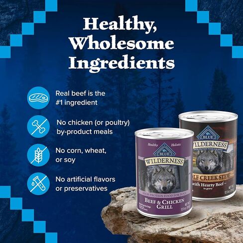 Blue Buffalo Wilderness Beef and Chicken Grill and Wolf Creek Stew Hearty Beef in Gravy Adult Dog Wet Food, 12.5 oz. Cans, 6 Count Variety Pack in Kuwait