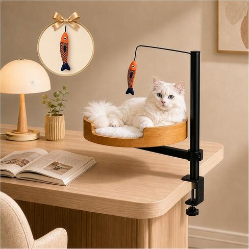 Cat Desk Bed with Fish Toy, Cat Bed for Desk, 360° Rotating & Height Adjustable Cats Hammock, Raised Cats Beds Hammock, Pet Office Chair Attachment in Kuwait