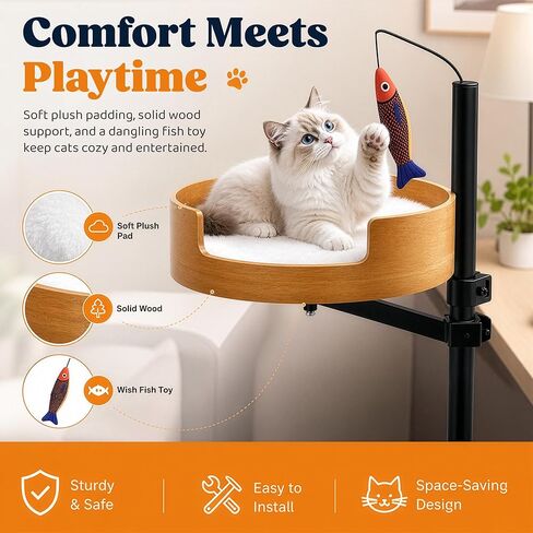 Cat Desk Bed with Fish Toy, Cat Bed for Desk, 360° Rotating & Height Adjustable Cats Hammock, Raised Cats Beds Hammock, Pet Office Chair Attachment in Kuwait