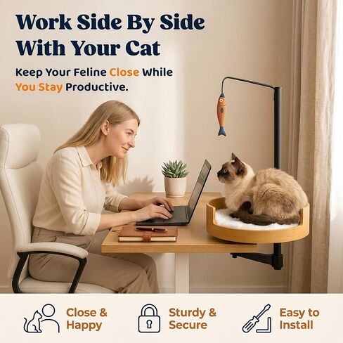 Cat Desk Bed with Fish Toy, Cat Bed for Desk, 360° Rotating & Height Adjustable Cats Hammock, Raised Cats Beds Hammock, Pet Office Chair Attachment in Kuwait