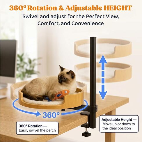 Cat Desk Bed with Fish Toy, Cat Bed for Desk, 360° Rotating & Height Adjustable Cats Hammock, Raised Cats Beds Hammock, Pet Office Chair Attachment in Kuwait