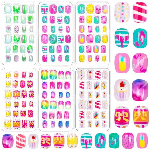 144 Pieces Fake Nails for Kids Girls Artificial Kids Press on Nails Full Cover Short Acrylic Stick On Nails False Nail Tips Kit for Children Little Girls Nail Art Decoration (Dreamy Pattern) in Kuwait