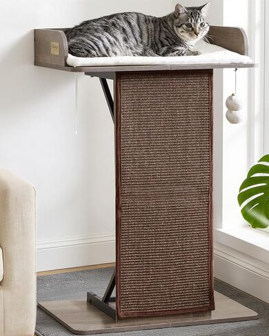 Modern Wood Cat Tree Tower for Indoor Large Cats, 33.8-Inch Tall Wooden Cat Trees with Big Perch Bed, Cat Scratching Pads, Washable Cushions and Scratching Mat, Cat Furniture, Rustic Brown in Kuwait
