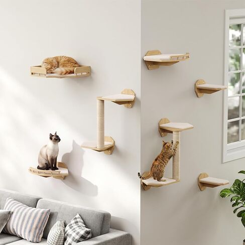 HOOBRO 11 Pcs Cat Wall Shelves for Large Cats up to 25 lb, Wooden Wall-Mounted Cat Shelves Set, Corner Cat Shelf with 2 Arched Platforms, Climbing System with Perche, Scratching Post, Natural NL49CS03 in Kuwait