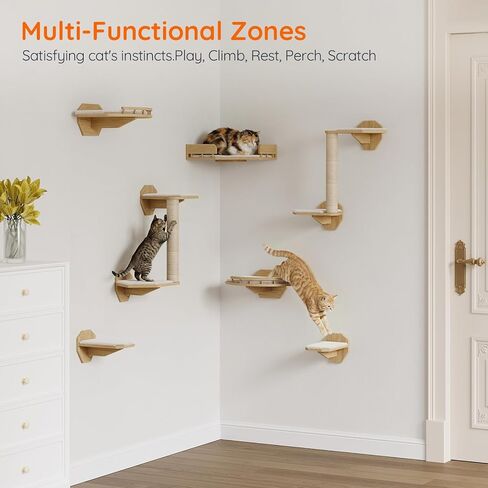 HOOBRO 11 Pcs Cat Wall Shelves for Large Cats up to 25 lb, Wooden Wall-Mounted Cat Shelves Set, Corner Cat Shelf with 2 Arched Platforms, Climbing System with Perche, Scratching Post, Natural NL49CS03 in Kuwait