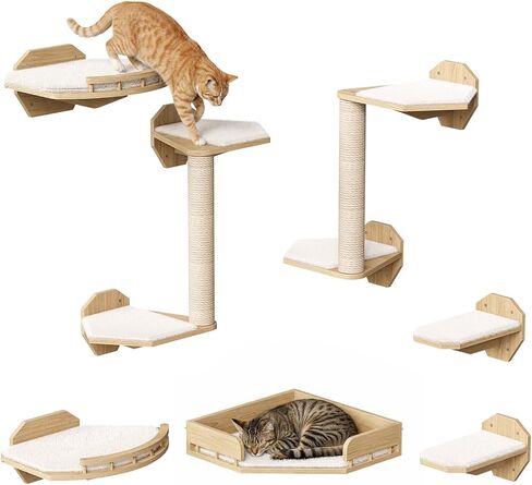 HOOBRO 11 Pcs Cat Wall Shelves for Large Cats up to 25 lb, Wooden Wall-Mounted Cat Shelves Set, Corner Cat Shelf with 2 Arched Platforms, Climbing System with Perche, Scratching Post, Natural NL49CS03 in Kuwait