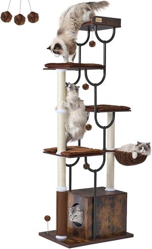 FourFurPets Cat Tree for Large Cats, Modern Cat Tree Tower with Scratching Post, 74" Wooden Cat Tower for Multiple Adult Cats, Cat Condo for Adult Cats, 4 Large Perch, 1 Cat Caves, Rustic Brown in Kuwait