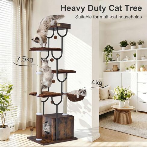 FourFurPets Cat Tree for Large Cats, Modern Cat Tree Tower with Scratching Post, 74" Wooden Cat Tower for Multiple Adult Cats, Cat Condo for Adult Cats, 4 Large Perch, 1 Cat Caves, Rustic Brown in Kuwait