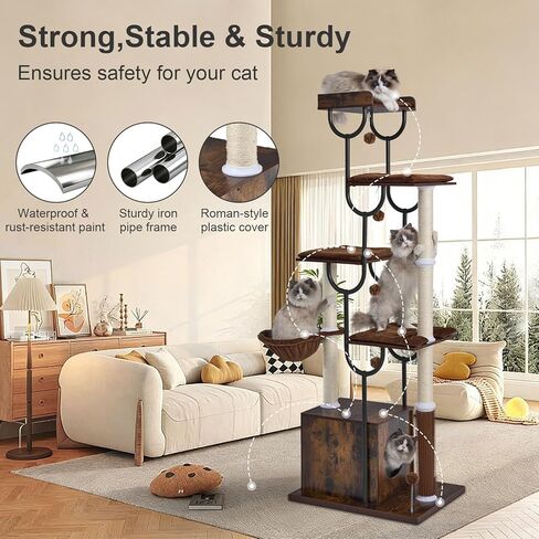FourFurPets Cat Tree for Large Cats, Modern Cat Tree Tower with Scratching Post, 74" Wooden Cat Tower for Multiple Adult Cats, Cat Condo for Adult Cats, 4 Large Perch, 1 Cat Caves, Rustic Brown in Kuwait