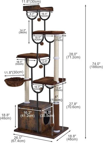 FourFurPets Cat Tree for Large Cats, Modern Cat Tree Tower with Scratching Post, 74" Wooden Cat Tower for Multiple Adult Cats, Cat Condo for Adult Cats, 4 Large Perch, 1 Cat Caves, Rustic Brown in Kuwait