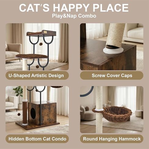 FourFurPets Cat Tree for Large Cats, Modern Cat Tree Tower with Scratching Post, 74" Wooden Cat Tower for Multiple Adult Cats, Cat Condo for Adult Cats, 4 Large Perch, 1 Cat Caves, Rustic Brown in Kuwait