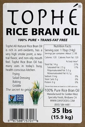 RICE BRAN OIL | All Natural, Made from 100% Non GMO Rice | Perfect for Frying | Rich in Vitamin E and Gamma-Oryzanol | Unfiltered, Non Winterized, No Trans Fat | 35 Pounds By Tophé in Kuwait